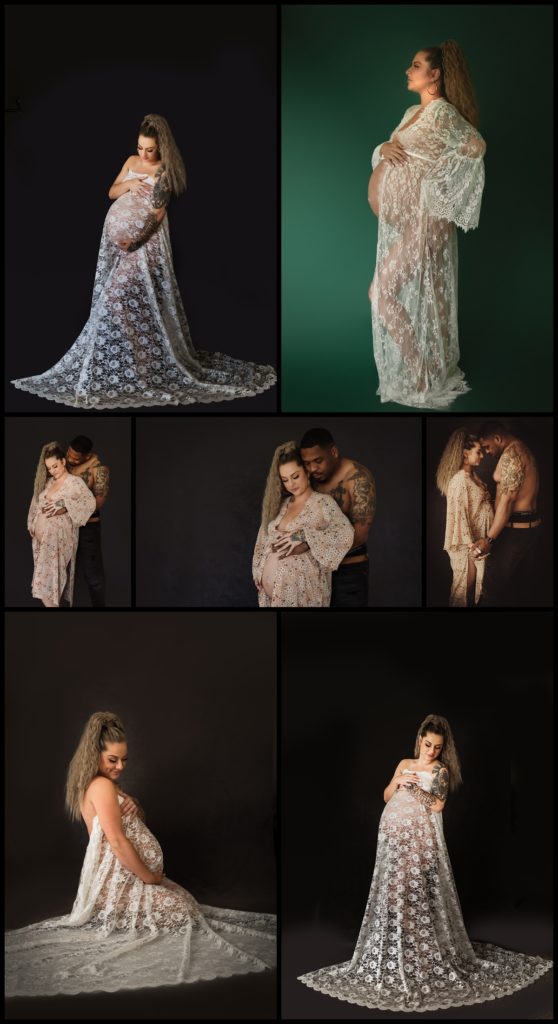 Fine art maternity photoshoot with lace and black background